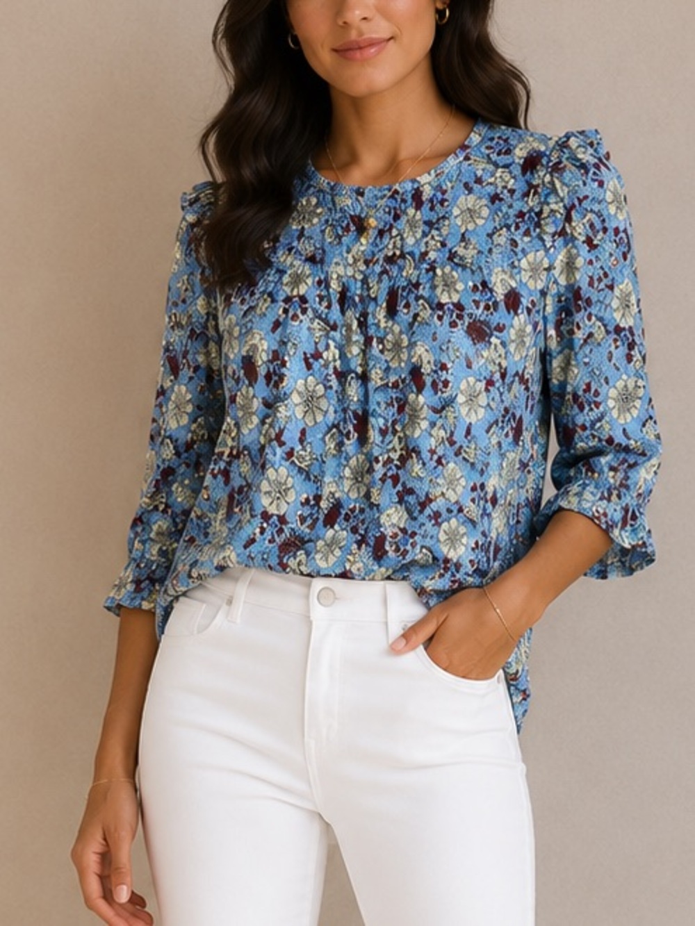 LOFT Light Blue Floral/ metallic Puff-Sleeve Blouse